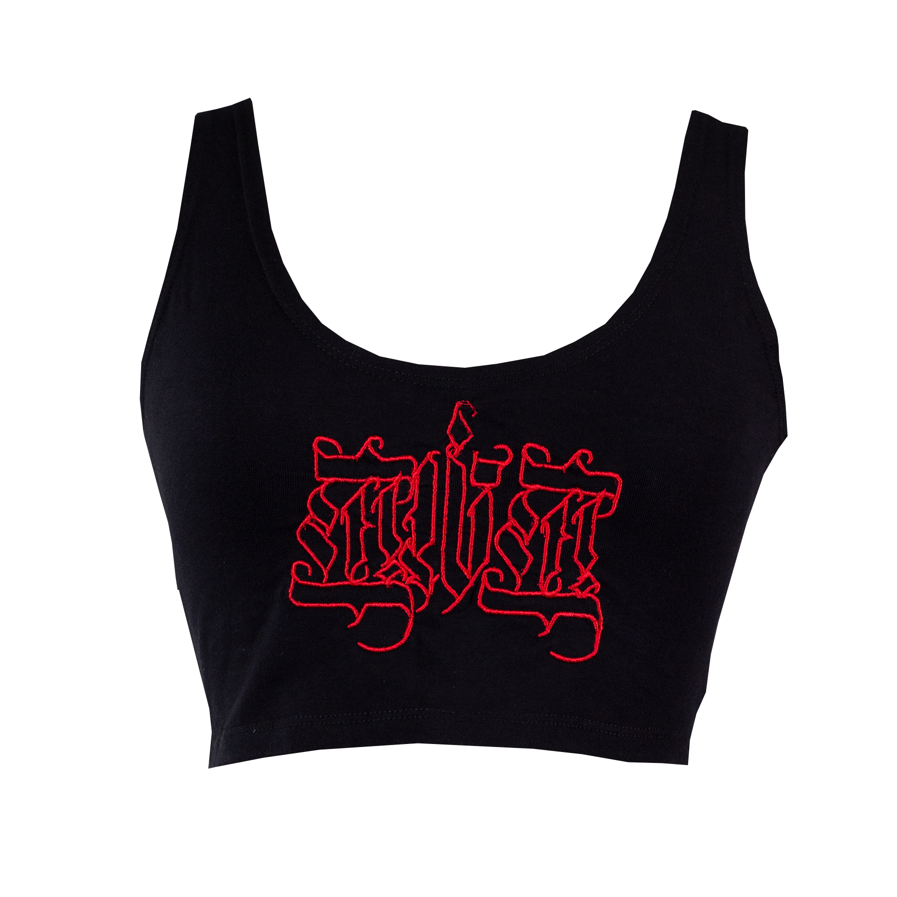 Black crop top with red graphic design on a white background